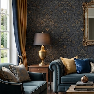 May include: A luxurious living room featuring teal velvet sofas with decorative pillows, a gold-toned lamp, and a patterned wallpaper. The room is illuminated by natural light from a large window with gold and blue curtains.