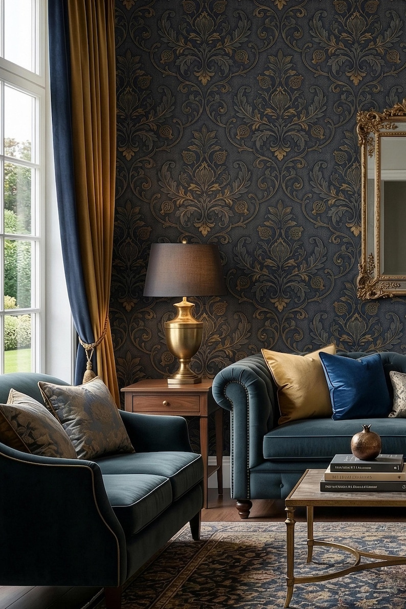 May include: A luxurious living room featuring teal velvet sofas with decorative pillows, a gold-toned lamp, and a patterned wallpaper. The room is illuminated by natural light from a large window with gold and blue curtains.