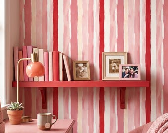 Striped Wallpaper Whimsical Pink Red Cream Funky Maximalist Art Nouveau Home Wall Decor - OPD80
