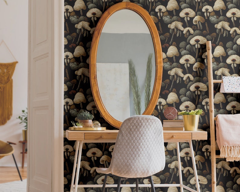 Dark Mushroom Peel and Stick Wallpaper Removable Mushroom Etsy