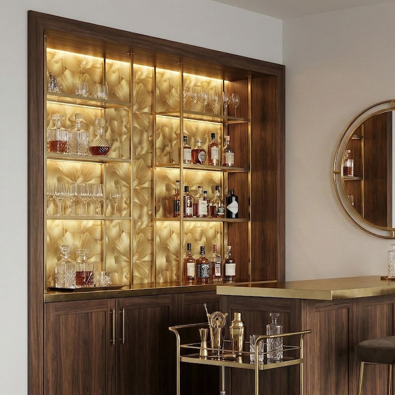 a well-stocked bar with a large wooden cabinet displaying an array of liquor bottles and glasses. The cabinet has a gold-colored finish, adding a touch of elegance to the space. The bar setup includes a bar cart with various cocktail shakers and glasses, ready for use. The overall scene conveys a sophisticated and inviting atmosphere, perfect for a gathering or a night in.