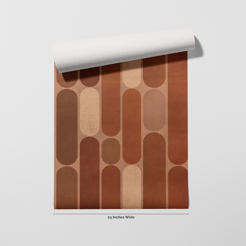 a 24-inch wide roll of wallpaper with a repeating pattern of brown and beige rectangles.
