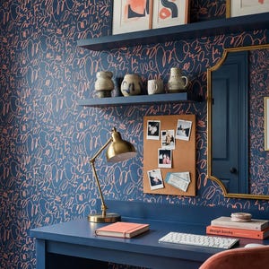 Funky Wallpaper Modern Navy Coral Scribble Wall Decor Peel and Stick or Traditional - OPD311