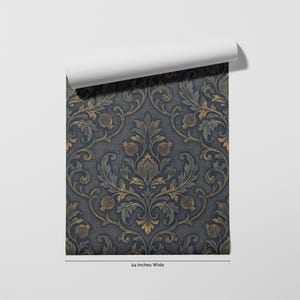 a decorative wallpaper with a repeating pattern of ornate floral designs in shades of blue and gold.