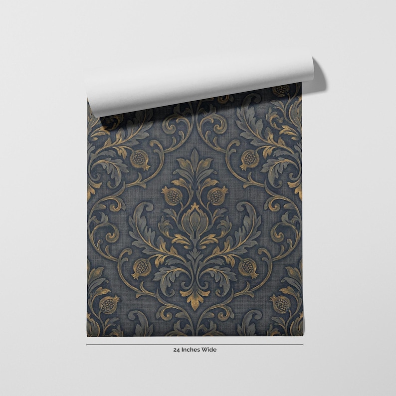 a decorative wallpaper with a repeating pattern of ornate floral designs in shades of blue and gold.