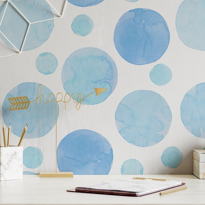 Desk with Blue Boho Wallpaper Luxury Wall Decor Coastal Watercolor Dot Wall Mural Cool Removable Peel and Stick or Permanent Traditional Wallpaper