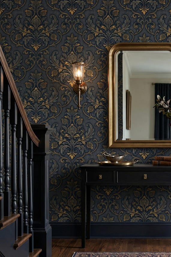 Dark Moody Damask Wallpaper Navy Gold Gothic Home Wall Decor - OPD522