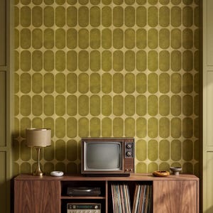 Mid Century Geometric Wallpaper Olive Gold Cream Retro Bold Home Wall Decor Peel and Stick or Traditional shown in a media room
