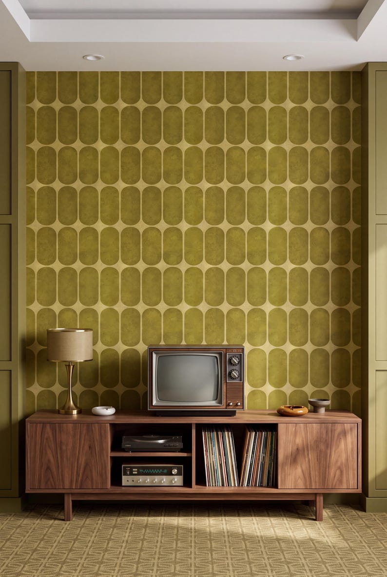 Mid Century Geometric Wallpaper Olive Gold Cream Retro Bold Home Wall Decor Peel and Stick or Traditional shown in a media room