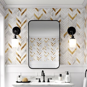 Wallpaper Marble Chevron Wall Mural White Gold Wall Decor Renters Home Decor Removable Peel and Stick or Permanent Traditional Wallpaper