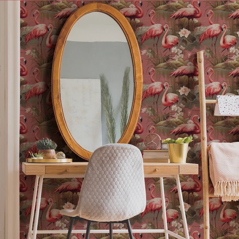 Wallpaper Vintage Flamingo Pink Retro Bird Mural Luxury Tropical Wall Decor Removable Peel and Stick or Permanent Traditional Wallpaper image 4