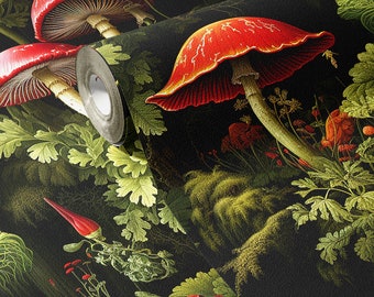 Papier peint vintage fantaisiste rouge foncé champignon botanique luxe décoration murale forêt amovible autocollante ou papier peint traditionnel permanent