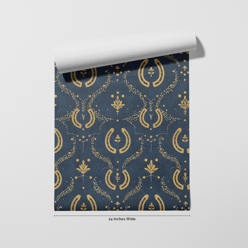 a repeating pattern of gold and blue designs on a dark background.