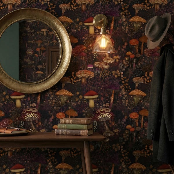 Carta da parati botanica con funghi, decorazione da parete con foresta scura e stravagante, staccabile e attaccabile o tradizionale - OPD1