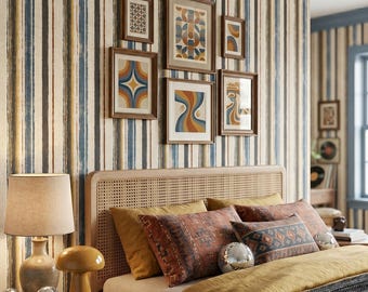 Striped Wallpaper Block Print Rustic Earthy Vintage Dusty Blue Home Wall Decor Peel and Stick or Traditional - OPD565