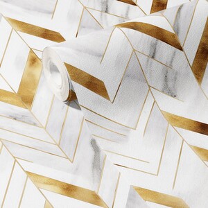 Wallpaper Marble Chevron Wall Mural White Gold Wall Decor Renters Home Decor Removable Peel and Stick or Permanent Traditional Wallpaper