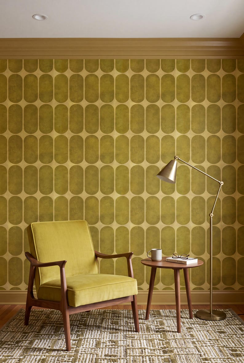 Mid Century Geometric Wallpaper Olive Gold Cream Retro Bold Home Wall Decor Peel and Stick or Traditional