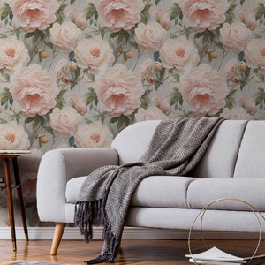 Living room with Vintage Flower Wallpaper Botanical Luxury Floral Wall Decor Whimsical Garden Removable Peel and Stick or Permanent Traditional Wallpaper.