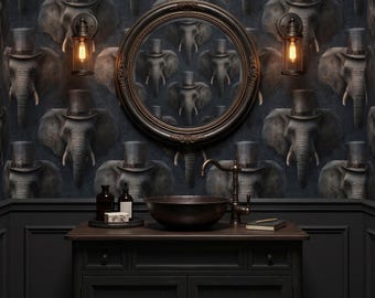 Victorian Elephant Wallpaper Dark Animals in Top Hats Charcoal Gold Moody Elegant Home Wall Decor Peel and Stick or Traditional - OPD575