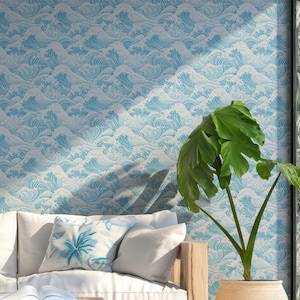 Blue Ocean Waves Wallpaper Coastal Spa Wall Decor Peel and Stick or Traditional - OPD17