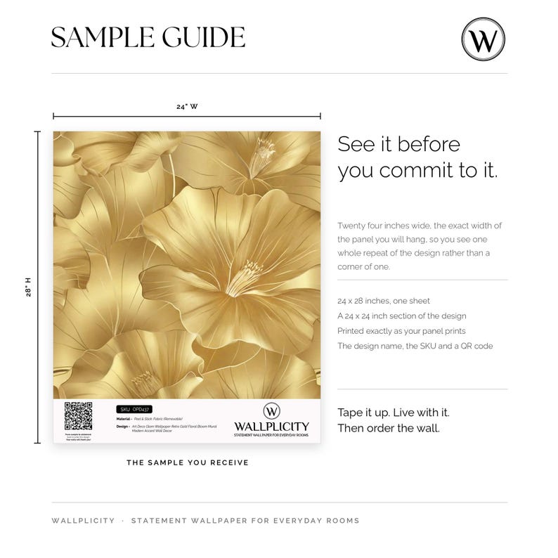 a sample guide with instructions for choosing materials, selecting sample sizes, and selecting sample quantities. It includes three sample options: peel & stick, peel & stick, and traditional vinyl. Each sample includes a full pattern representation, actual design section, and design information. The guide also provides size information for each sample, and the sample quantity is listed as 3.