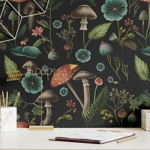 Dark Forest Mushroom Peel and Stick Wallpaper Removable Luxury Wall Decor Vintage Botanical Temporary Decal Black Mushroom Wall Mural
