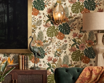 Jungle Monstera Wallpaper Colorful Tropical Botanical Bird Home Wall Decor - OPD519