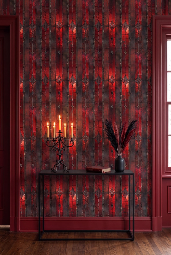 Red Stained Glass Gothic Wallpaper Dramatic Wall Decor Peel and Stick or Traditional - OPD263