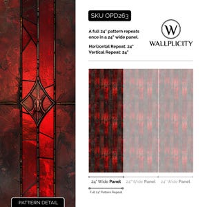 May include: Red stained glass pattern with a diamond-shaped design. The pattern repeats every 24 inches horizontally and vertically. The product is from Wallplicity, SKU OPD263.