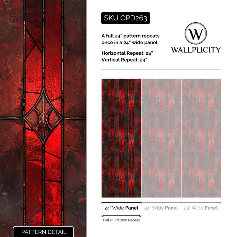 May include: Red stained glass pattern with a diamond-shaped design. The pattern repeats every 24 inches horizontally and vertically. The product is from Wallplicity, SKU OPD263.