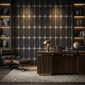 Retro Black Geometric Wallpaper Mid-Century Modern Dark Concrete Vintage Wall Decor - OPD486