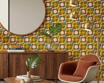 Papel pintado de mediados de siglo, estilo vintage, amarillo, geométrico, colorido, retro, para decoración de paredes del hogar - OPD523