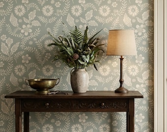 Neutral Floral Scandinavian Wallpaper Block Print Soft Blue Green Wall Decor Peel and Stick or Traditional - OPD550