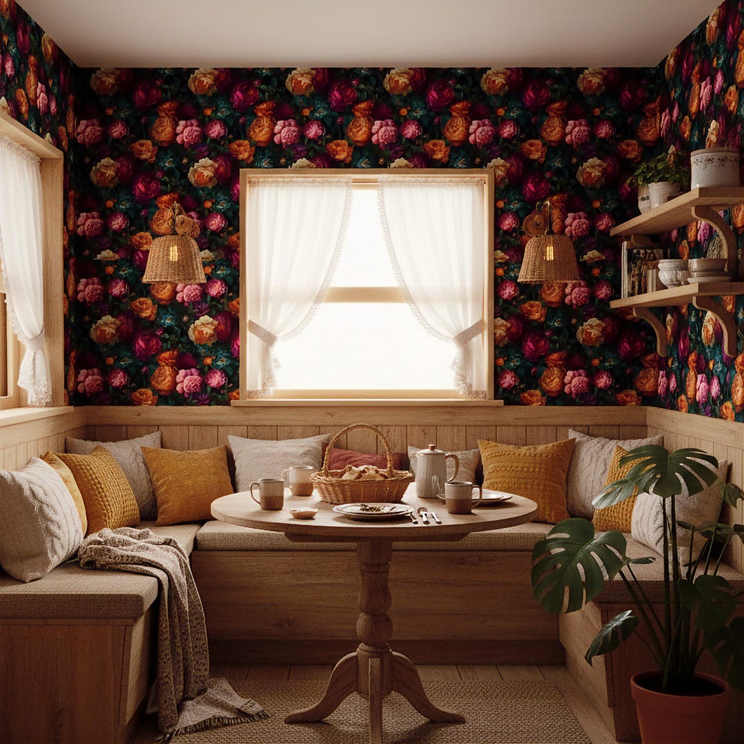 Dark Floral Peony Wallpaper Jewel Tone Garden Wall Decor Peel and Stick ...