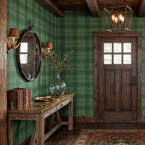 Plaid Wallpaper Moody Western Green Striped Home Wall Decor - OPD514