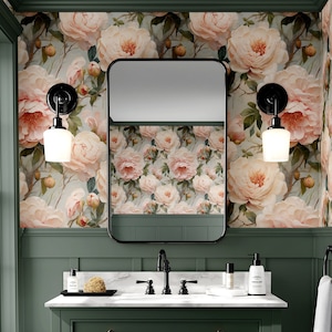 Bathroom with Vintage Flower Wallpaper Botanical Luxury Floral Wall Decor Whimsical Garden Removable Peel and Stick or Permanent Traditional Wallpaper.