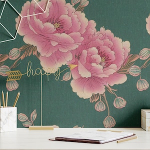 Wallpaper Peony Chinoiserie Removable Peel and Stick or Permanent Traditional Wallpaper Vintage Pink Green Floral Home Wall Decor Mural