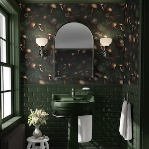 Carta da parati a forma di fungo dorato incantato – Decorazione botanica verde scuro Peel & Stick o parete decorativa Cottagecore tradizionale Magia – Vibrazioni da favola