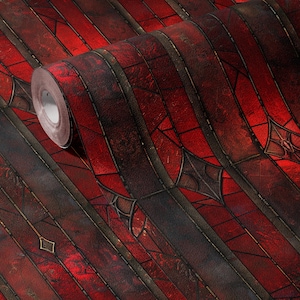 May include: A roll of wallpaper with a stained glass effect. The design features red and brown tones, with geometric shapes and lines. The wallpaper has a textured finish and a vintage aesthetic.