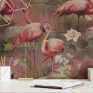 Wallpaper Vintage Flamingo Pink Retro Bird Mural Luxury Tropical Wall Decor Removable Peel and Stick or Permanent Traditional Wallpaper image 5