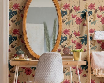 Coastal Boho Wallpaper, Botanical Peel and Stick Wallpaper, Removable Self-Adhesive Luxury Wall Decor, Tropical Flower Garden Wallpaper