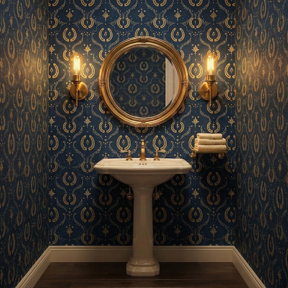 Farmhouse Wallpaper Lucky Horseshoe Western Gold Navy Cabin Wall Decor - OPD438