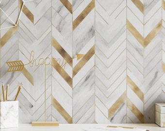 Wallpaper Marble Chevron Wall Mural White Gold Wall Decor Renters Home Decor Removable Peel and Stick or Permanent Traditional Wallpaper