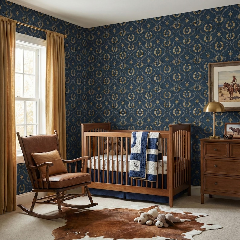 a cozy nursery room with a wooden crib, a rocking chair, and a cowhide rug. The room has a dark blue and gold wallpaper with a repeating pattern of horses and riders, creating a warm and inviting atmosphere.