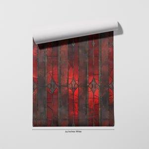 May include: A roll of wallpaper featuring a stained glass design. The pattern is primarily red with dark gray accents and decorative diamond shapes. The wallpaper is 24 inches wide.