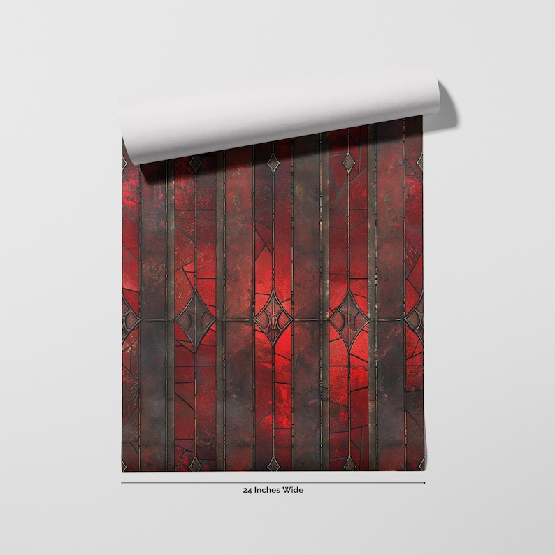 May include: A roll of wallpaper featuring a stained glass design. The pattern is primarily red with dark gray accents and decorative diamond shapes. The wallpaper is 24 inches wide.