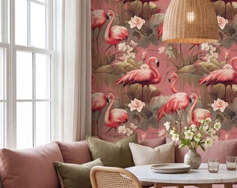Vintage Flamingo Tapete Rosa Retro Vogel Tropisch Wanddekor Schälen und Aufkleben oder Traditionelles - OPD2