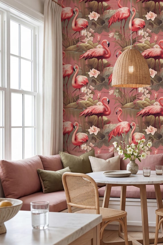 Vintage Flamingo Wallpaper Pink Retro Bird Tropical Wall Decor Peel and Stick or Traditional - OPD2