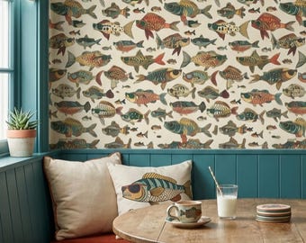 Retro Fish Wallpaper Quirky Whimsical Fishes in Sunglasses Playful Cream Home Wall Decor Peel and Stick or Traditional - OPD548