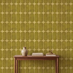 Mid Century Geometric Wallpaper Olive Gold Cream Retro Bold Home Wall Decor Peel and Stick or Traditional shown on an accent wall